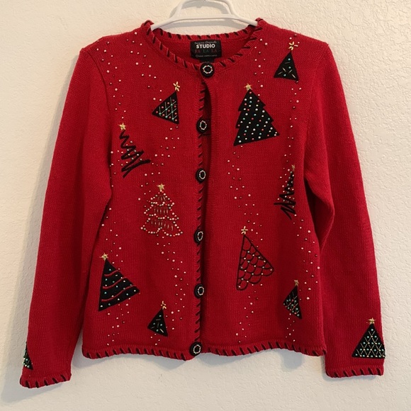 VINTAGE DESIGNERS ORIGINALS STUDIO UGLY CHRISTMAS CARDIGAN SWEATER RED - Picture 1 of 9